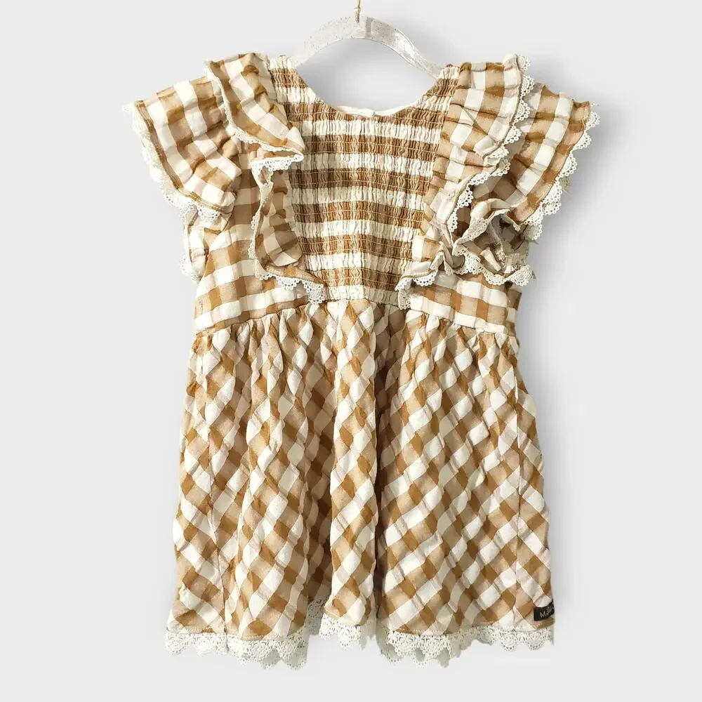 Matilda Jane Enchanted Garden Firefly Flutter Sleeve Top Sz 10 Tan Plaid Cottage